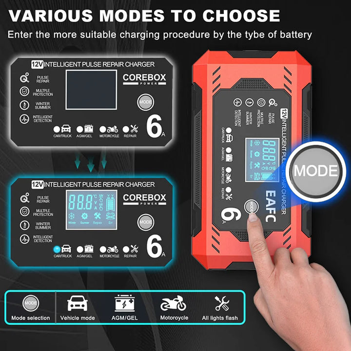 Car Battery Charger 6A 12V Car and Motorcycle Battery Charging Device Lead-acid Battery Smart Repair LCD Display